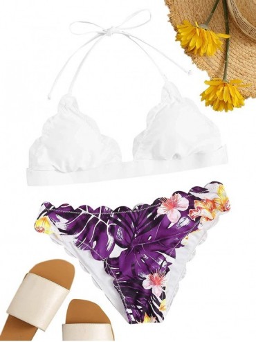 Sets Women's Sexy Bathing Suits Scallop Halter Bikini Top Floral Print Two Piece Swimsuits - Purple - C9192DZ30YW $27.22