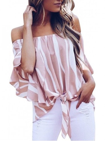 Bottoms Off Shoulder Blouses for Womens- Floral Stripe Bell Sleeve Baggy Tie Knot Tops Casual Shirts - 4 Pink - C418SLS0456 $...