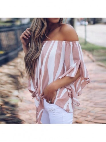 Bottoms Off Shoulder Blouses for Womens- Floral Stripe Bell Sleeve Baggy Tie Knot Tops Casual Shirts - 4 Pink - C418SLS0456 $...