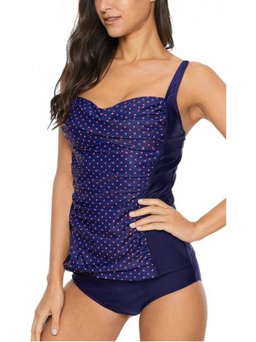 Tankinis Women's Ruched Solid Two-Piece Swimsuit Tankini Set Swimwear - Navy Polka Dot - C918NCG9WTK $15.28