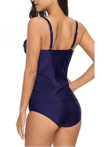 Tankinis Women's Ruched Solid Two-Piece Swimsuit Tankini Set Swimwear - Navy Polka Dot - C918NCG9WTK $15.28
