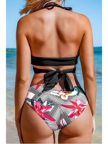 Sets Women's Low Rise Bikini Flower Printing Cross Back Tie Two Piece Swimsuits - Black - CR12IUJY0NR $24.44