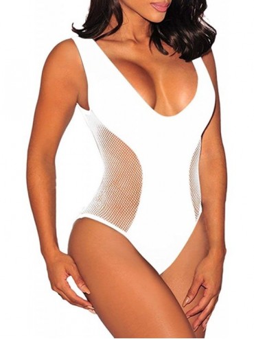 One-Pieces Women's Mesh Spice V-Neck High Cut Padded One-Piece Swimsuit Monokini - White - CQ18QQ34TW6 $48.14