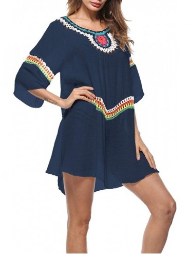 Cover-Ups Women's V-Neck Hollow Out Knitted Swimsuit Bikini Cover Ups Swimwear Tassels Beach Dress - E Navy Blue - C418QNQWZY...