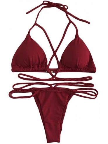 Sets Womens Sexy Halter High Waist Swimsuit Bandage Criss Cross Bikini Sets - Wine Red - CY182K5QRXI $21.40