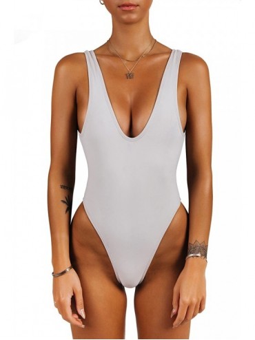 One-Pieces One Piece Swimsuit for Women Bathing Suit High Cut Low Back Sexy Swimwear Retro Backless 80s 90s - Stone - C818G76...