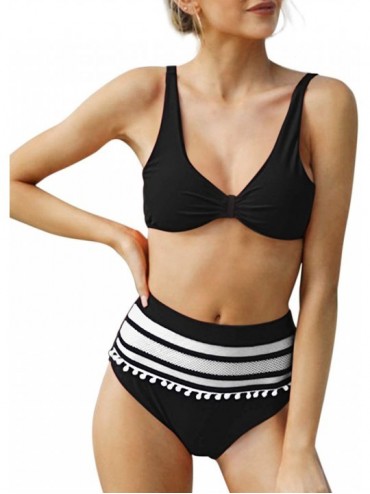 Sets Women Bikini Swimsuit High Waisted Bikini Set Tassel Halter Two Pieces Swimwear - Black 2 - CP18R8ZUZQ6 $38.84