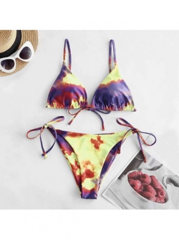 Sets Bikini Swimwear Women's Tie-Dye Printed High Waisted Knot Front Summer 2 Piece Bikini Bathing Suit - C-purple - CW1903MS...
