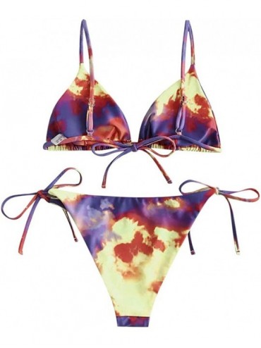 Sets Bikini Swimwear Women's Tie-Dye Printed High Waisted Knot Front Summer 2 Piece Bikini Bathing Suit - C-purple - CW1903MS...