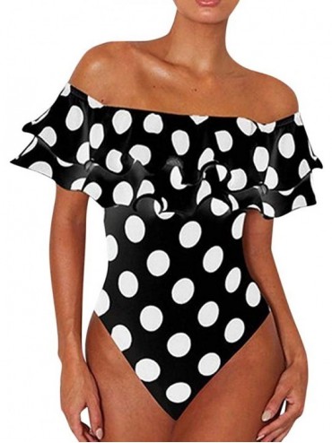 Sets Womens Swimming Padded Swimsuit Monokini Push Up Bikini Sets Swimwear Ruffle Printed Off Shoulder Bathing Suit Black - C...
