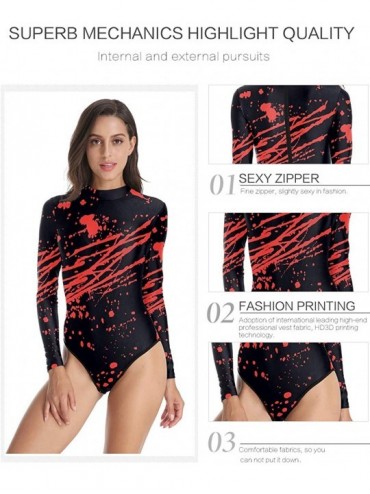 One-Pieces Womens Long Sleeve Zip UV Protection Printed Zipper Surfing One Piece Swimsuit Bathing Suit - D-red Blood Stain - ...