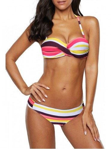 Sets Women Striped Push Up Bikini Halter Two Piece Swimsuit - Yellow - CU193X2LLE6 $14.93