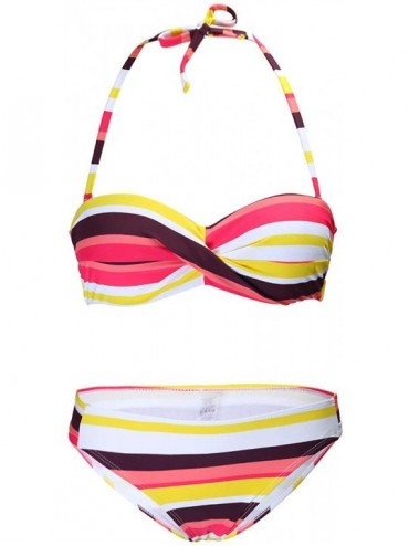 Sets Women Striped Push Up Bikini Halter Two Piece Swimsuit - Yellow - CU193X2LLE6 $14.93