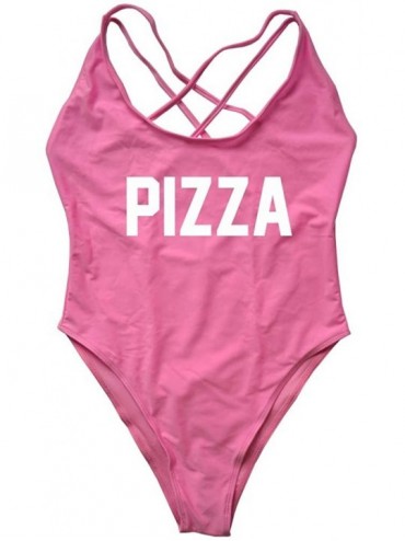 One-Pieces Letter Print Vintage Stappy Cross Back Birde One Piece Swimsuit High Leg Swimwear Bathing Suit - Pizza-pink-wh - C...