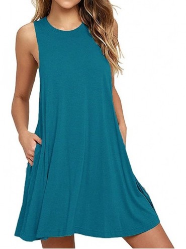 Cover-Ups Women's Summer Casual Swing T-Shirt Dresses Beach Cover up with Pockets - Acid Blue - C21807Q9WEH $40.61