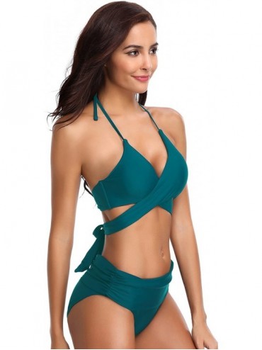 Sets Women's Push-up Halter Bandage Bikini Swimsuits Ruched Swim Bottoms - Deep Green - CS18DACC5QU $25.43