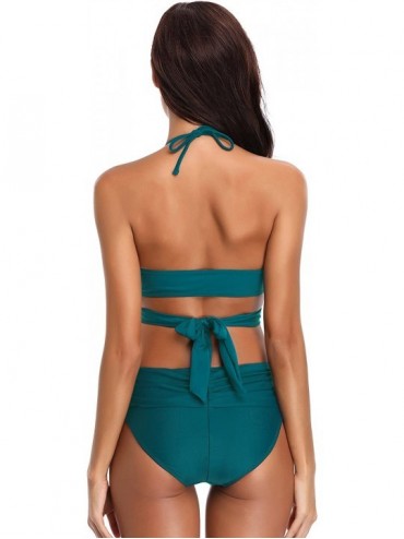 Sets Women's Push-up Halter Bandage Bikini Swimsuits Ruched Swim Bottoms - Deep Green - CS18DACC5QU $25.43