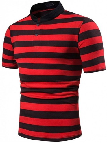 Rash Guards Men's Striped T-Shirt Fashion Short Sleeve Casual Slim Fit Shirts Top Blouse With Button - Red - CP194A3LO5Z $30.45