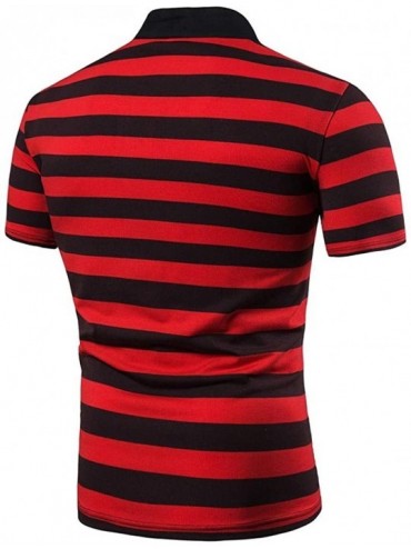 Rash Guards Men's Striped T-Shirt Fashion Short Sleeve Casual Slim Fit Shirts Top Blouse With Button - Red - CP194A3LO5Z $15.42