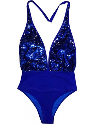 One-Pieces Womens Sexy Sequin One-Piece Swimsuit Backless Halter Bikini Set Deep V-Neck Bathing Suit - Blue - CH195GTAD50 $29.79