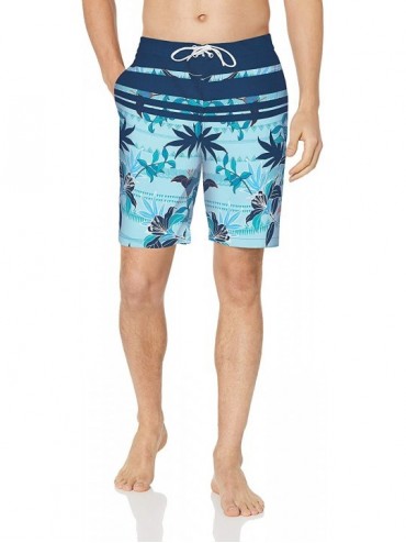 Board Shorts Men's 9" Inseam Tropical Hawaiian Print Cotton Nylon Swim Board Short - Light Blue/Navy Floral Stripe - CC18INQ4...