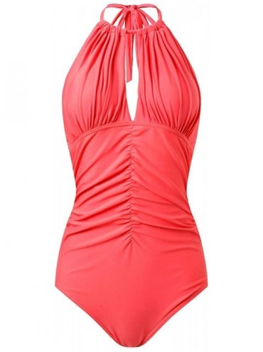 One-Pieces Women's Halter One-Piece Swimsuit- Sexy Backless Tie Wrinkled Tummy Bikini Swimsuit - Coral Red - CW18T5KQMEZ $8.58