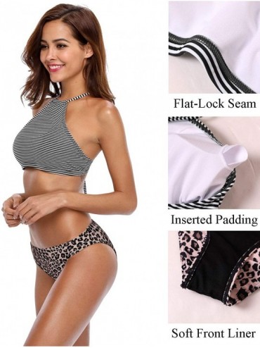 Bottoms Womens Floral Striped Halter High Neck Bikini Swimsuit Set Cross Back - Stripe/Leopard - CY198UNCARO $20.87
