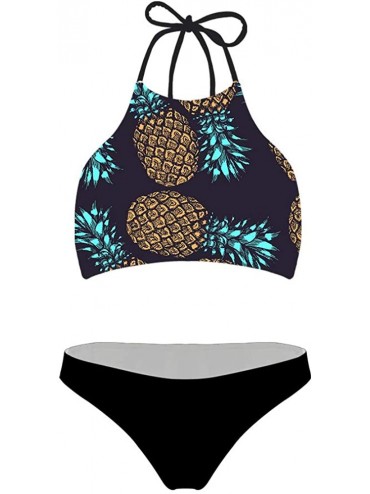 Sets Women Swimsuit Beach Swimwear Tie Halter Padding Bikini Bathing Suit Two Piece Tropical Plants Pattern Pineapple 2 - C71...