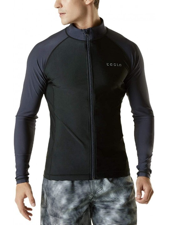 Rash Guards Men's Long Sleeve Zip Rash Guard- UPF50+ UV/Sun Protection Quick Dry Swim Shirts - Solid(msz03) - Black/ Dark Gre...