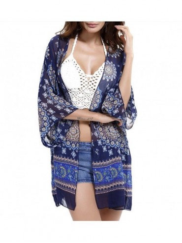 Cover-Ups Women's Sleeve Floral Chiffon Kimono Cardigan Blouse - Navy - CR12GIZ7W7B $31.85