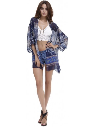 Cover-Ups Women's Sleeve Floral Chiffon Kimono Cardigan Blouse - Navy - CR12GIZ7W7B $12.37