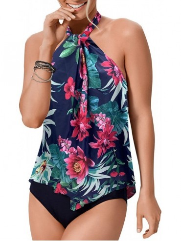 One-Pieces Women's One Piece Swimsuits Plus Size Swimwear High Neck Halter Flounce Backless Bathing Suits - Floral Navy - CE1...