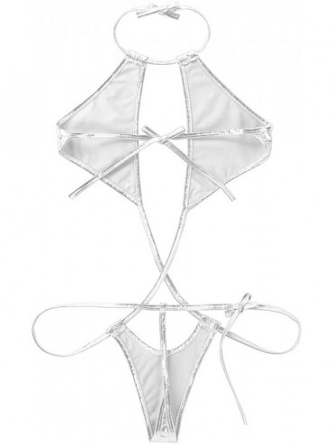 Racing Women's Shiny Metallic PVC Bikini Monokini Halter Neck Slingshot Teddy Leotard Bodysuit Swimwear Pajamas - Silver - CX...