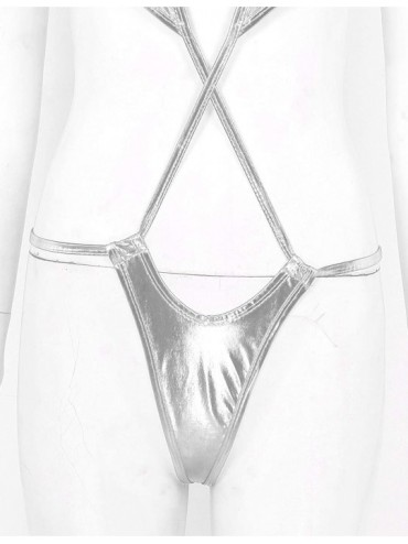 Racing Women's Shiny Metallic PVC Bikini Monokini Halter Neck Slingshot Teddy Leotard Bodysuit Swimwear Pajamas - Silver - CX...