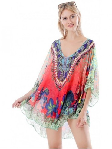 Cover-Ups Women's Loose V Neck Blouse Top Chiffon Batwing Sleeve Caftan Poncho Tunic Beach Cover Up with Crystal Beads 403 - ...