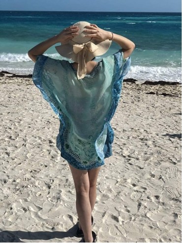 Cover-Ups Women's Loose V Neck Blouse Top Chiffon Batwing Sleeve Caftan Poncho Tunic Beach Cover Up with Crystal Beads 403 - ...