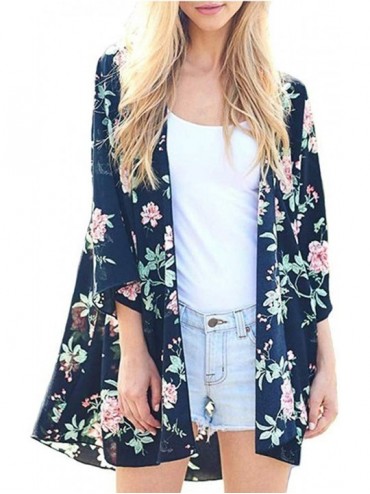 Cover-Ups Women's Sheer Chiffon Blouse Loose Tops Kimono Floral Print Cardigan - T60 - CE18M955L0E $14.32