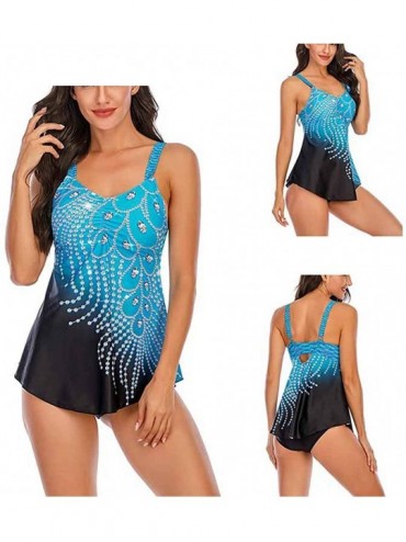 Racing Womens Feather Sequins Print Tankini Swimwear Two Piece Set Tummy Control Swimming Bathing Suit Swimsuits - Blue - CB1...