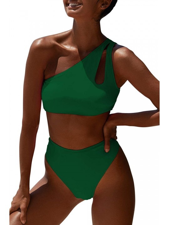 Sets Womens Crop Top Swimsuit High Waisted One Shoulder Sports Bikini Two Piece Push Up Bathing Suit Army Green Bikini - CQ19...