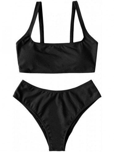 Sets Women's Swimwear Set Solid Scoop Neck High Waisted Bikini Swimsuits - Black - CL18QEMRUCQ $39.39