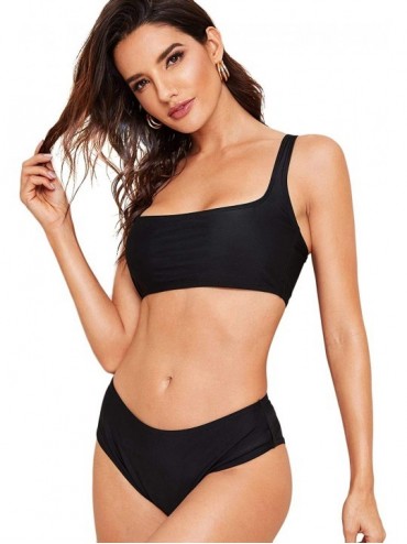 Sets Women's Swimwear Set Solid Scoop Neck High Waisted Bikini Swimsuits - Black - CL18QEMRUCQ $20.50