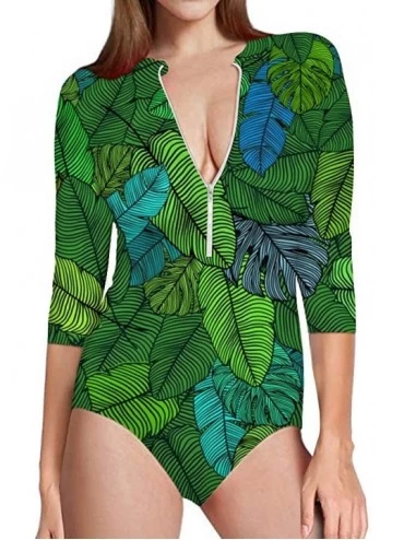 Rash Guards Rashguard Long Sleeve Swimsuit Women Ladies Beach UV Protection Beachwear Zipper Palm Leaf Print - Palm Leaf-1 - ...