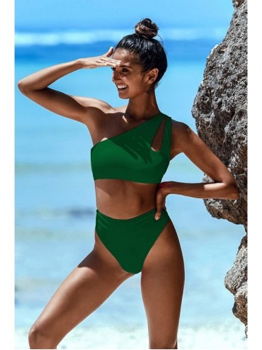 Sets Womens Crop Top Swimsuit High Waisted One Shoulder Sports Bikini Two Piece Push Up Bathing Suit Army Green Bikini - CQ19...