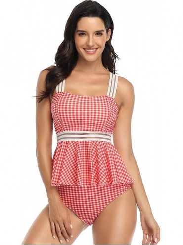 Tankinis Women's Swimsuit Two Piece Ruffled Tank Top High Waist Bottoms Bathing Suit - Red Plaid - C31908UG27W $24.84