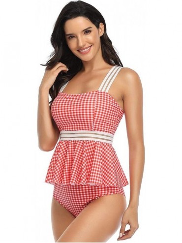 Tankinis Women's Swimsuit Two Piece Ruffled Tank Top High Waist Bottoms Bathing Suit - Red Plaid - C31908UG27W $24.84
