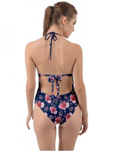 One-Pieces Womens Sexy Bathing Suit Vintage Summer Floral Flowers Print Halter Cut Out One Piece Swimsuit - Blue - CU18TGMNZN...