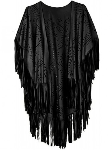 Cover-Ups Women's Faux Suede Kimono Cape Fringed Asymmetric Cover up Shawl - Black - CH12H3ZEKVB $50.96