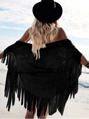 Cover-Ups Women's Faux Suede Kimono Cape Fringed Asymmetric Cover up Shawl - Black - CH12H3ZEKVB $29.61