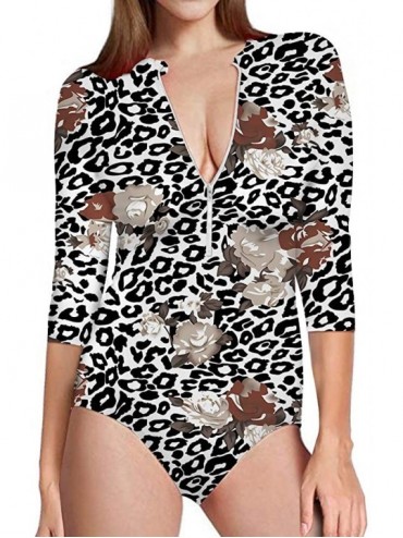 Rash Guards Women Rashguard Long Sleeve Zip UV Protection Printed Surfing Swimsuit Swimwear Bathing Suits - Floral+leopard - ...