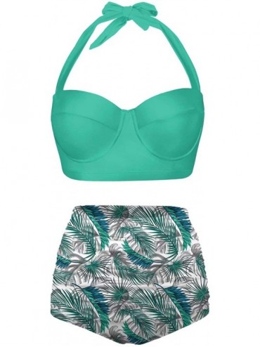 Sets Womens Halter Retro Tropical Leaves Summer Pattern SwimsuitsTwo Piece High Waisted Bikini - Green Mint-2 - C1196N73Y84 $...